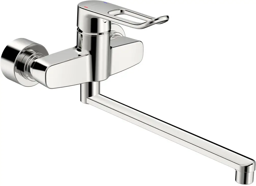 Einhebelmischer mit langem Bedienungshebel in Chrom von HANSA, wandmontiert, mit einer Ausladung für Waschbecken.